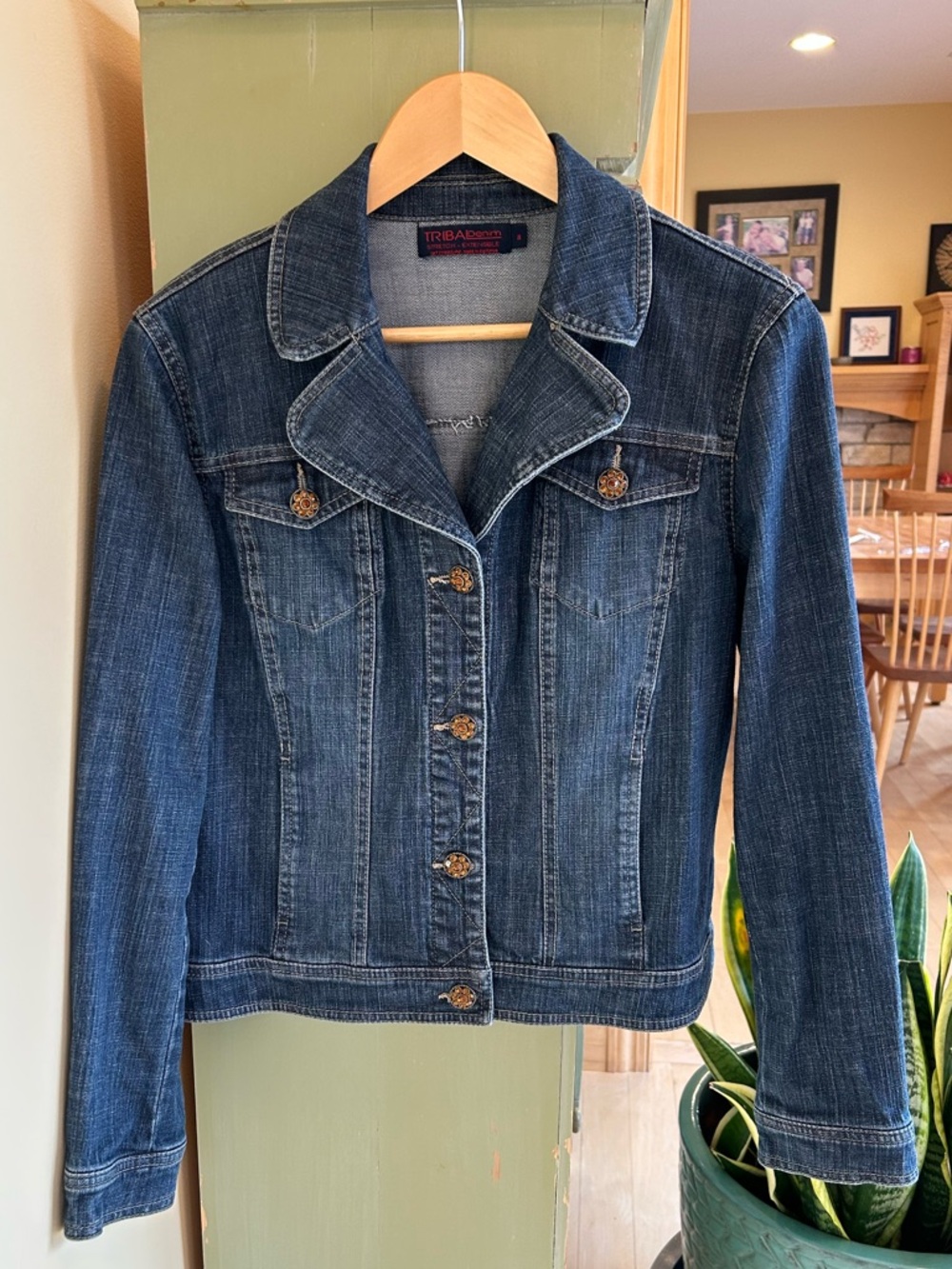 Tribal Denim Trucker Jacket w/ Orange Rhinestone Flower Buttons Size 8